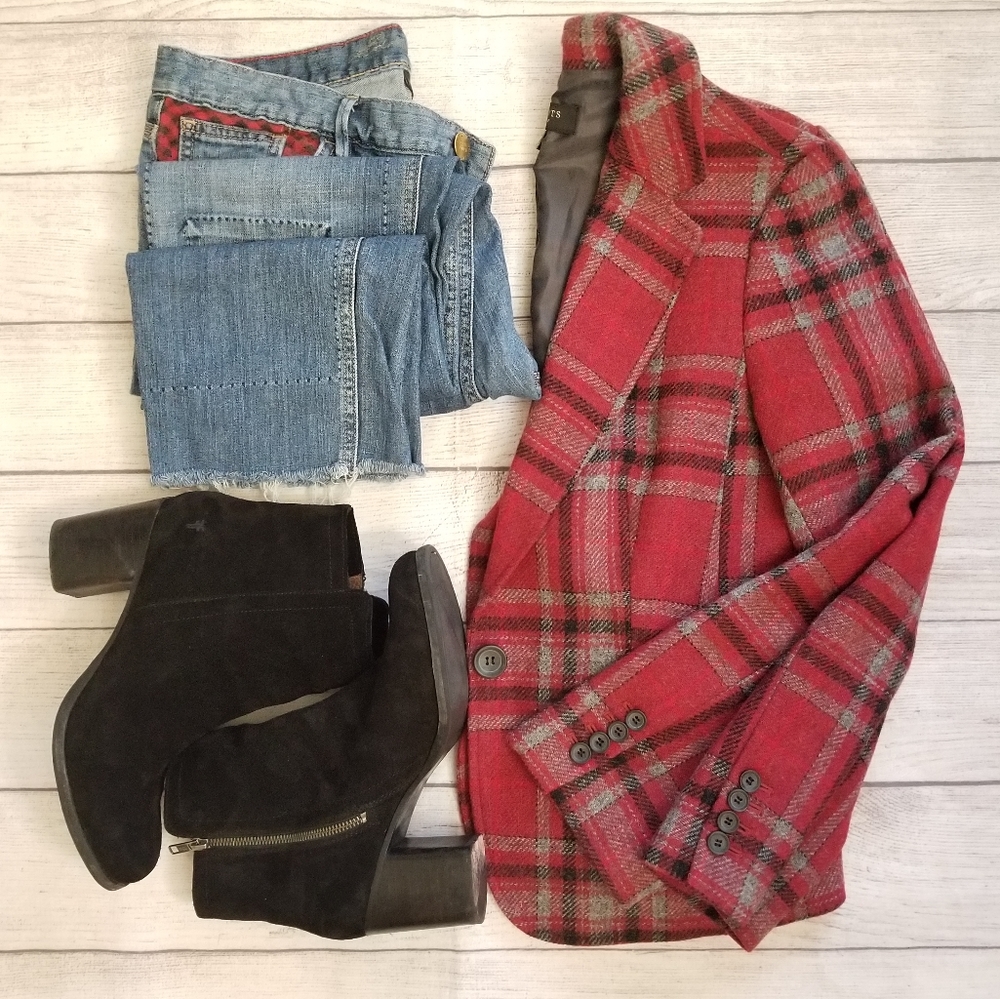 Talbots Wool Tartan Plaid Blazer, Burgundy-Red and Grey, Sz 8, EUC